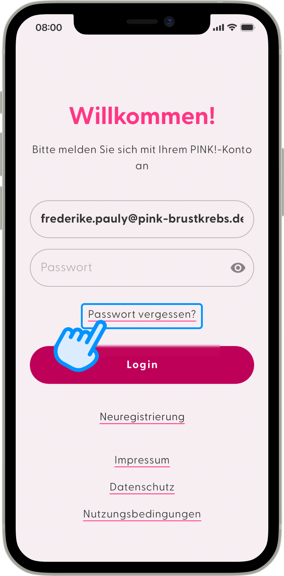 Screenshot: Passwort vergessen in PINK! Coach